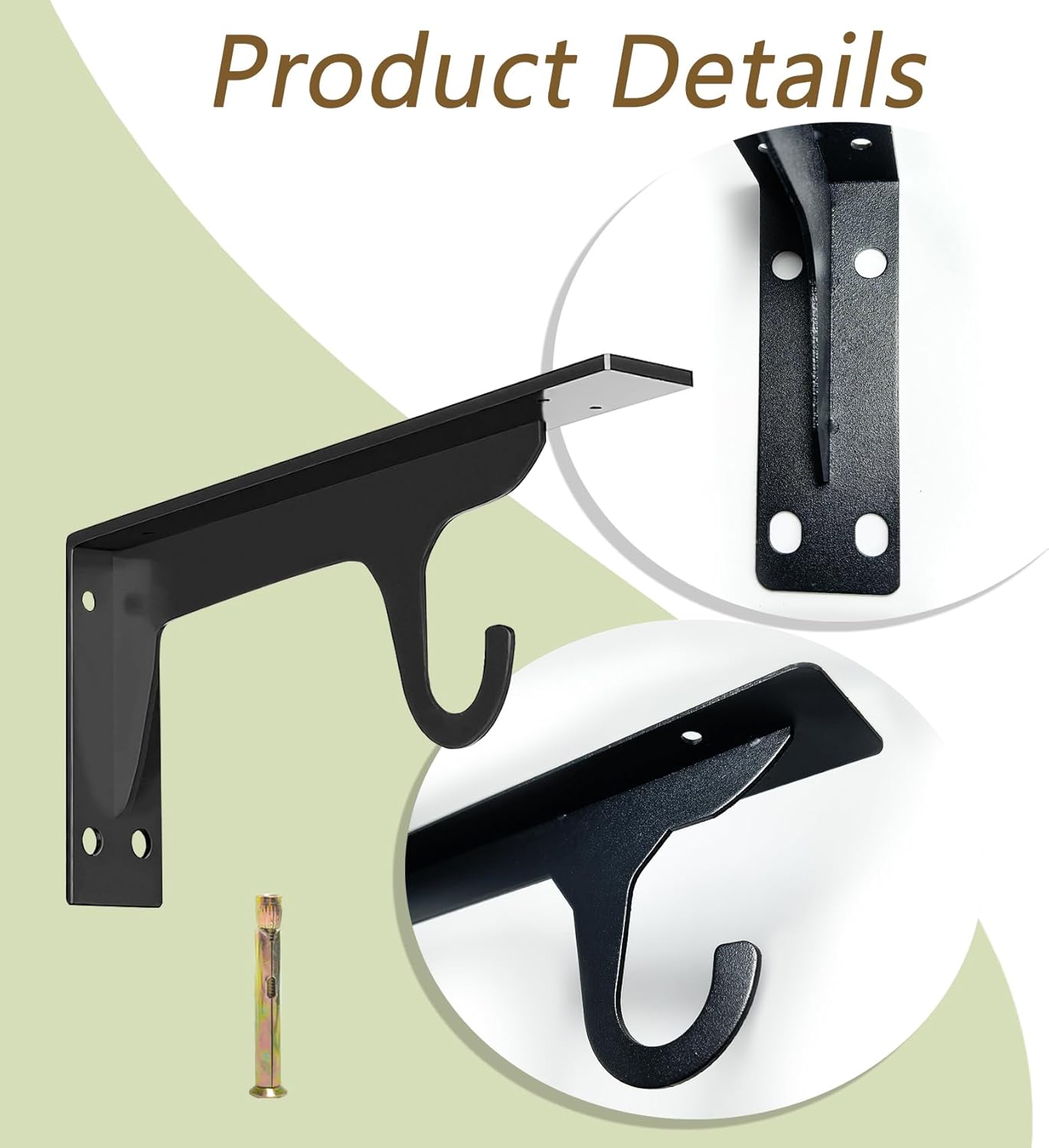 Closet Rod Bracket, Maijdoany 2Pcs Heavy Duty Wall Mounted Shelf Bracket with Hook Rod Holder for Closet, Curtain, Wardrobe – Durable Iron Support