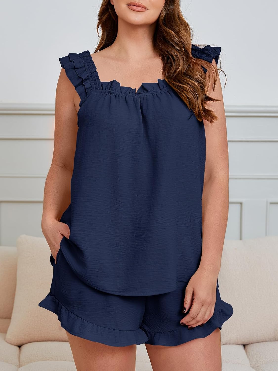 Beautife Womens Plus Size 2 Piece Pajamas Set Ruffle Square Neck Tank Top Shorts Matching Sets Summer Loungewear Outfits