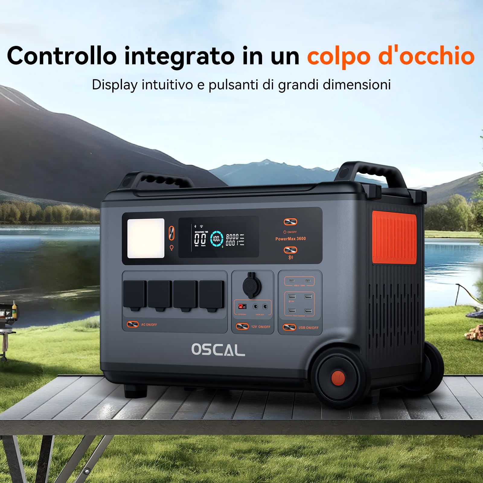 Stazione di energia portatile OSCAL PM3600+PM400, Batteria di riserva domestica LFP 3600Wh, Carica completa 1.2H, Generatore solare per campeggio, camper, con pannello solare 400W