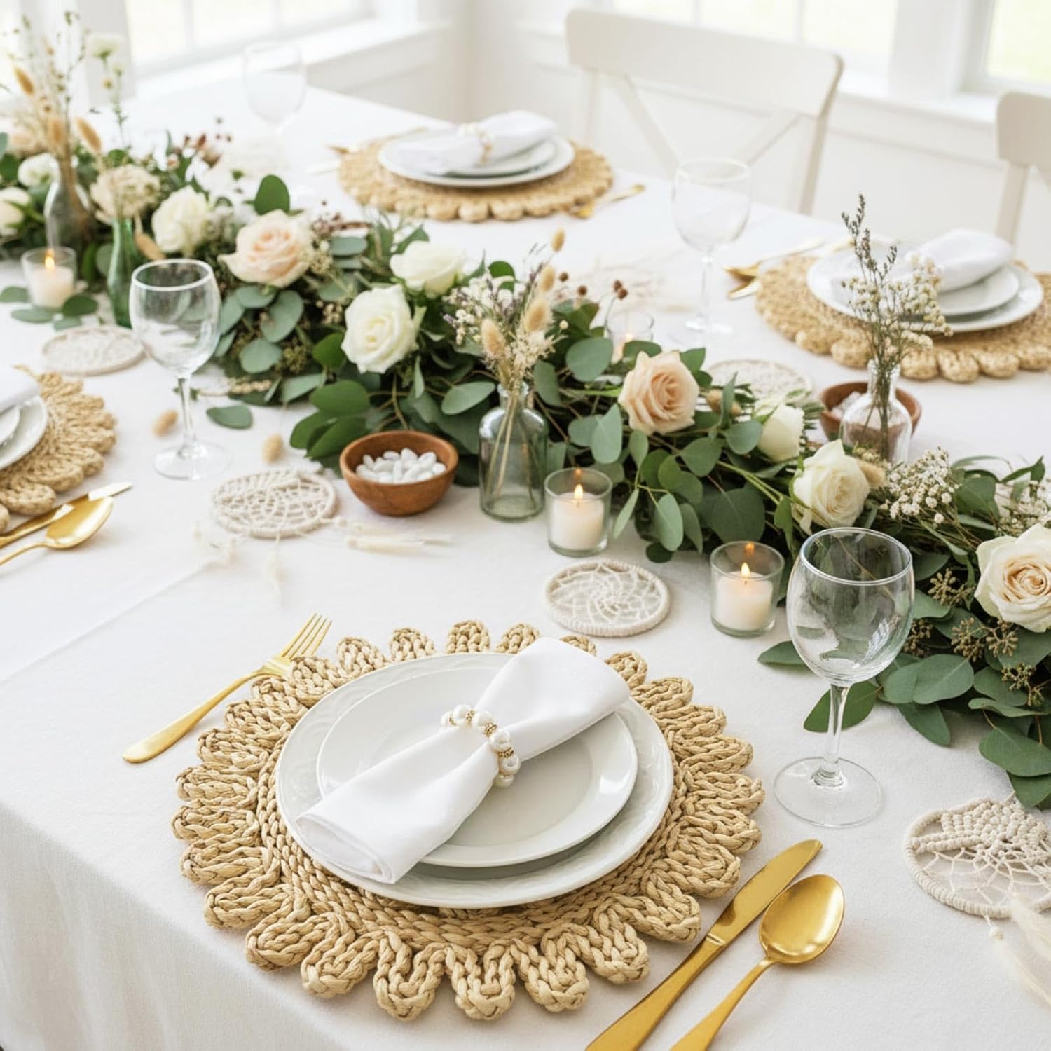 50 Pcs 13.8 Inch Corn Husk Woven Round Placemats Set with Pearl Napkin Rings, Flower Round Woven Placemats Set, Boho Farmhouse Rustic Chargers Mat Bulk for Wedding Party, Dinner Table