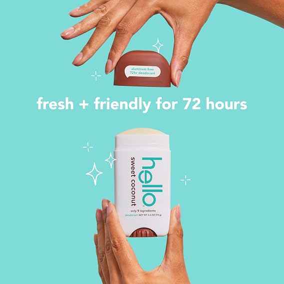 hello Sweet Coconut Aluminum Free Deodorant for Women and Men, 72-Hour Deodorant, Only 9 Ingredients, Baking Soda Free, Enriched with Shea Butter, Vegan, 2.6 oz Stick Deodorant (2 Pack)