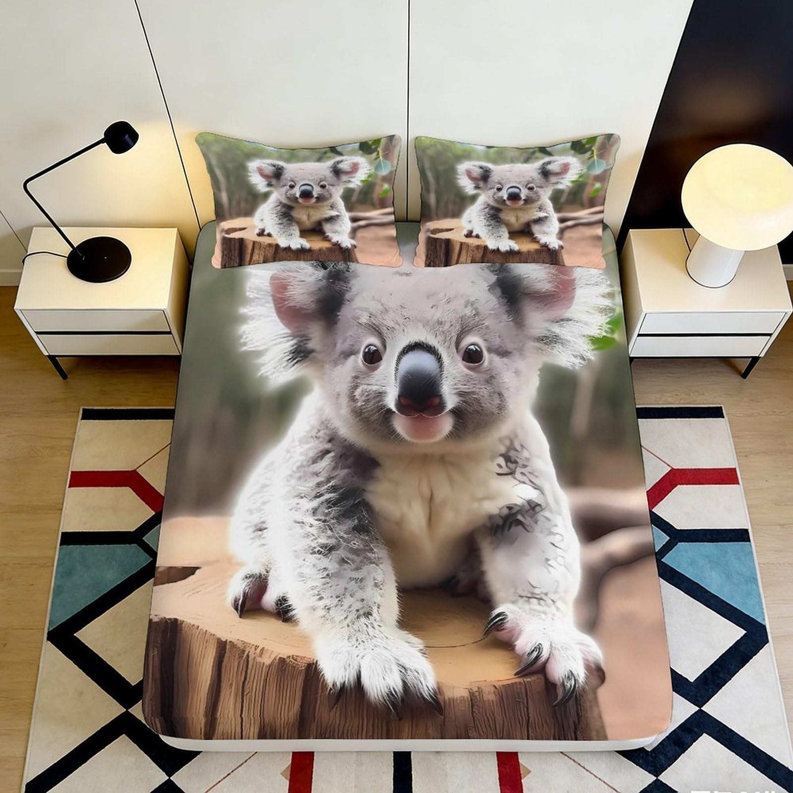 3D Printed Koala Pattern Fitted Sheet Microfiber Non-Slip Deep Pocket Koala Mattress Fitted Cover Elastic Hem, Washable for Bedroom 140x200x25cm
