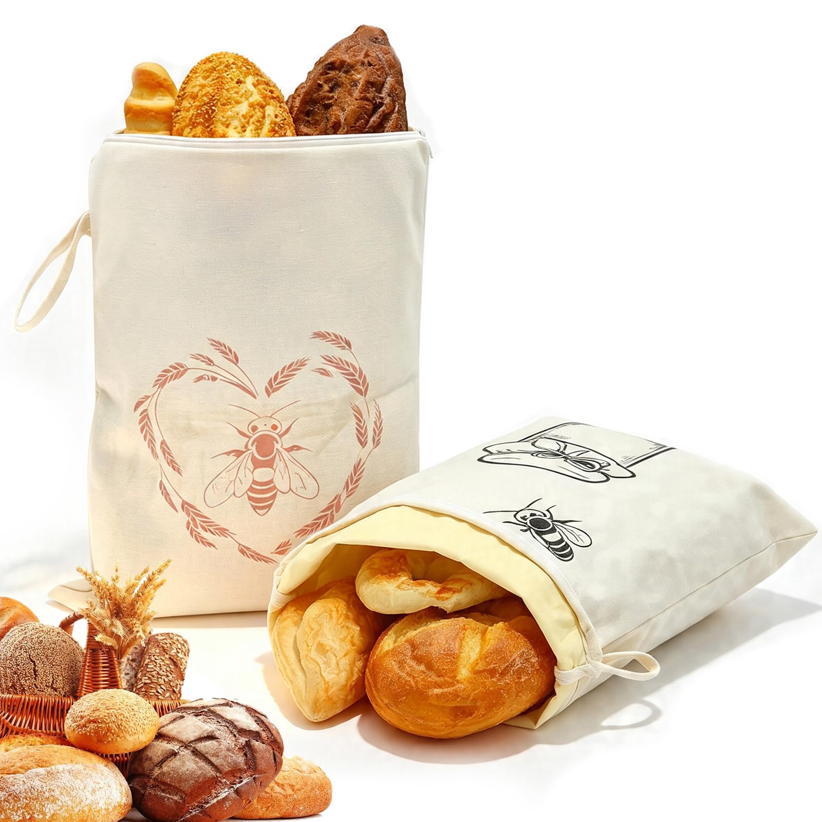 2Pcs Reusable Beeswax Linen Sourdough Bread Bag Zipper Freezable Loaf Storage Pouch