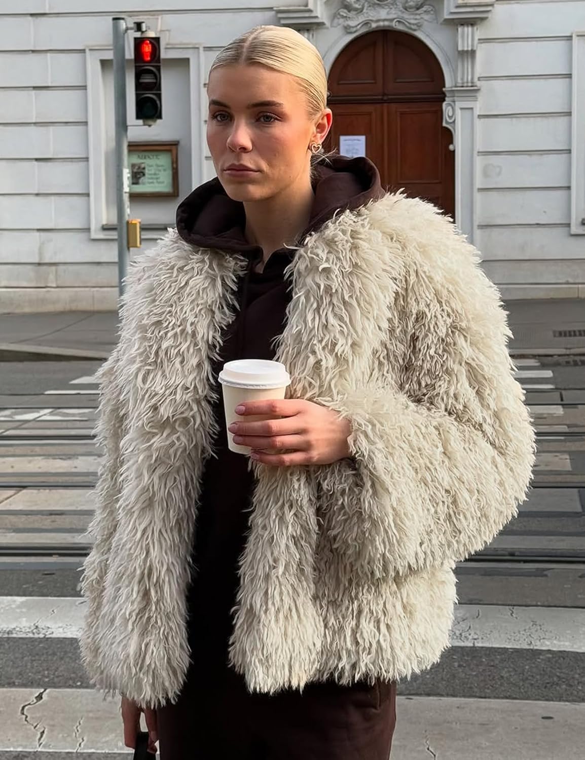 Yimoon Womens Faux Fur Coat Winter Fluffy Faux Fur Jacket Long Sleeve Lapel Collar Furry Shaggy Parka Coat - Image 3