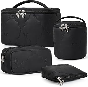 AMDAILY 4Pcs Quilted Makeup Bag Set, Bowknot Puffy Makeup Bag w/Bow Zipper
