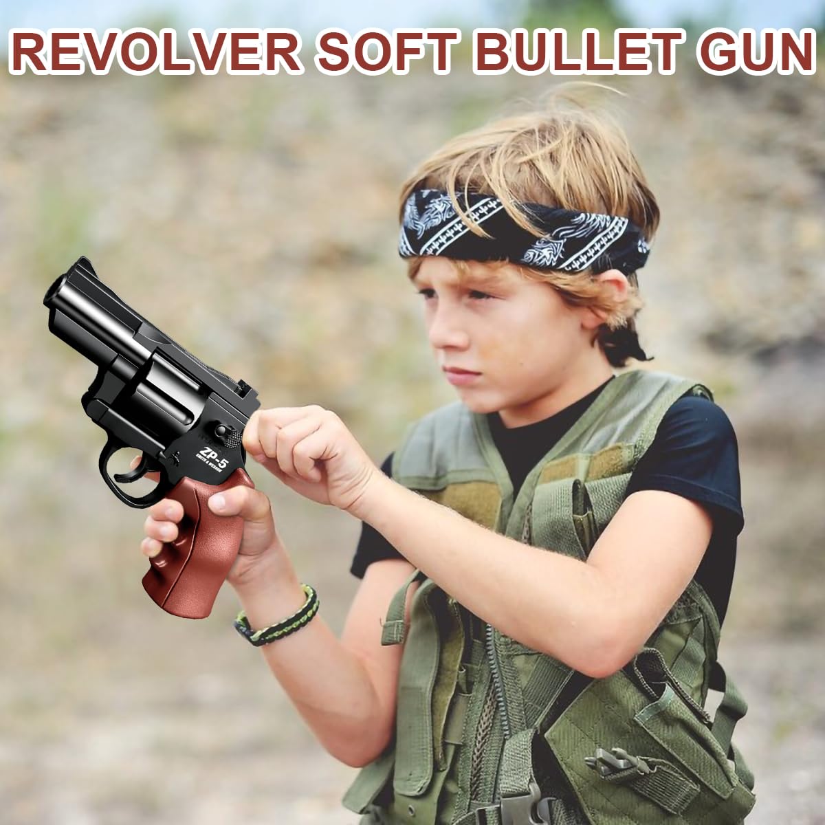 Zabawkowy pistolet rewolwer dla dzieci z 24 miękkimi kulkami magazynek obracany 360° brązowy