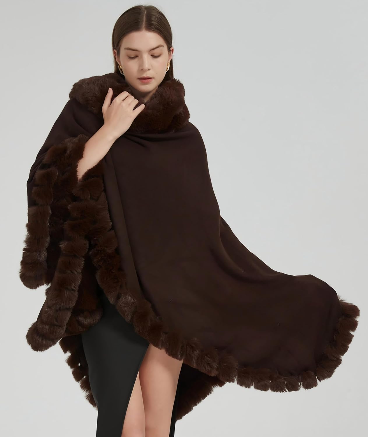 Faux Fox Fur Trim Cardigan Cloak Shawl Wraps Winter Poncho Oversized Cape - Image 5