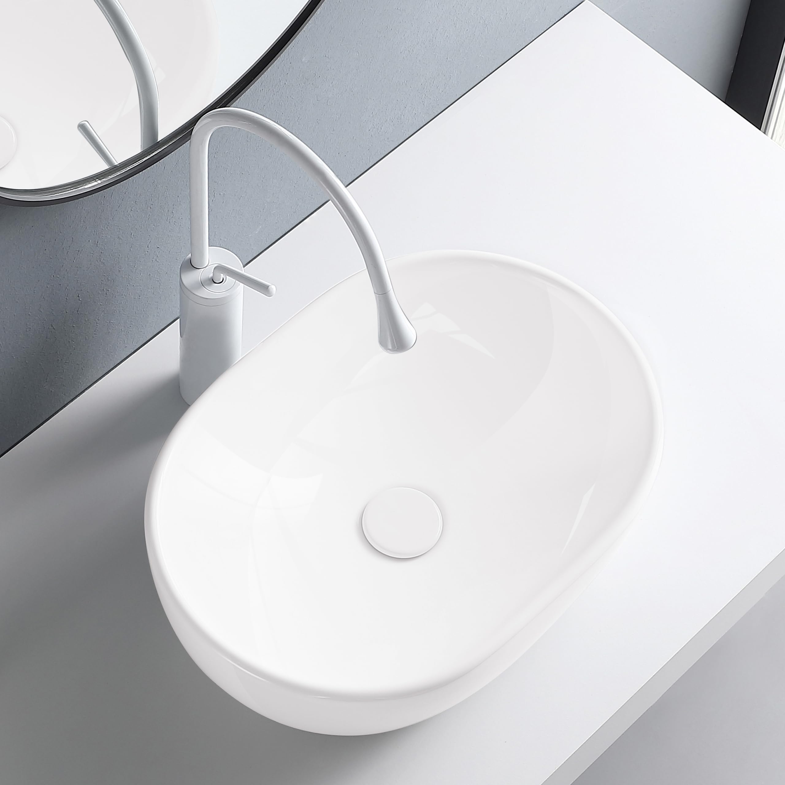 AQUAUNO - Lavabo da appoggio, 48 x 35 cm, ovale, in ceramica bianca, senza foro per rubinetto e troppopieno, per sanitari, bagno moderno