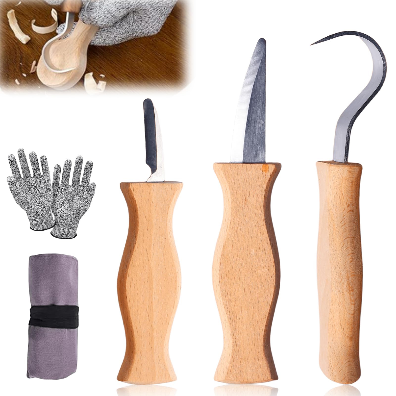 GOMETY Schnitzmesser Kinder Set Ab 6 Jahre, Hochwertiges Kindermesser Schnitzset Inkl Schnittfeste Handschuhe, Kinderschnitzmesser Set Mit Filztasche, Geschenkset Für Erwachsene Und Kinder, Anfänger