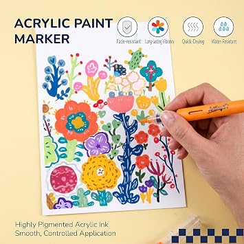 Artkey Acrylic Paint Markers 24 Colors, Direct-Liquid Acrylic Paint Pens with Automatic Ink Control, Flexible Brush Tip Acrylic Markers Set for Rock Painting, Wood, Canvas, Glass, Ceramic, DIY Crafts
