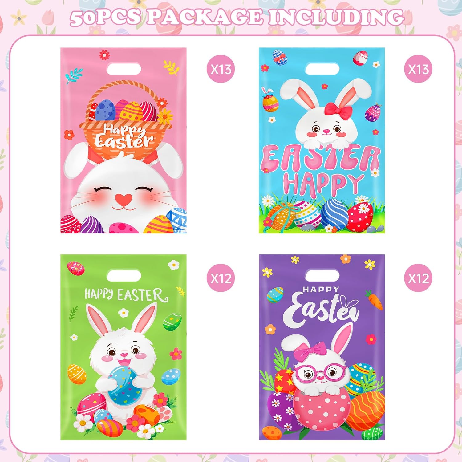 Litmitfu 50 Pcs Easter Gift Bags with Handles, Plastic Happy Bunny Goodie Bags Bulk, Cute Spring Treat Tote Goody Cookie Party Favor Bag for Easter Activity Party Favors Supplies Gifts, 4 Styles - Image 4