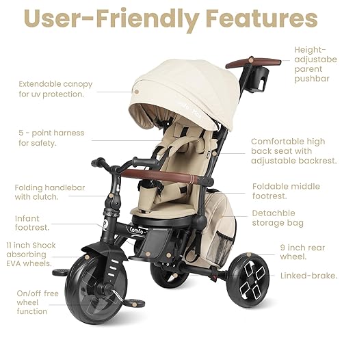 Miniatura 7 de QPlay Cochecito de bicicleta para bebés de 10 meses a 6 años de edad, cochecito plegable 8 en 1 para niños pequeños de 3 a 5 años, triciclo de