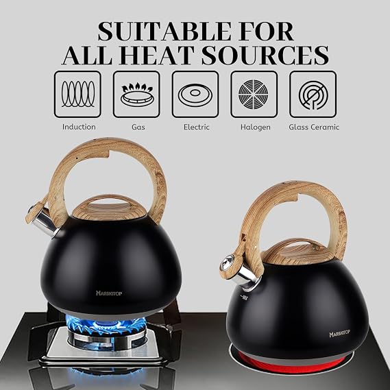 MARSKITOP Whistling Tea Kettle for Stove Top, 2.6 Quart, Black