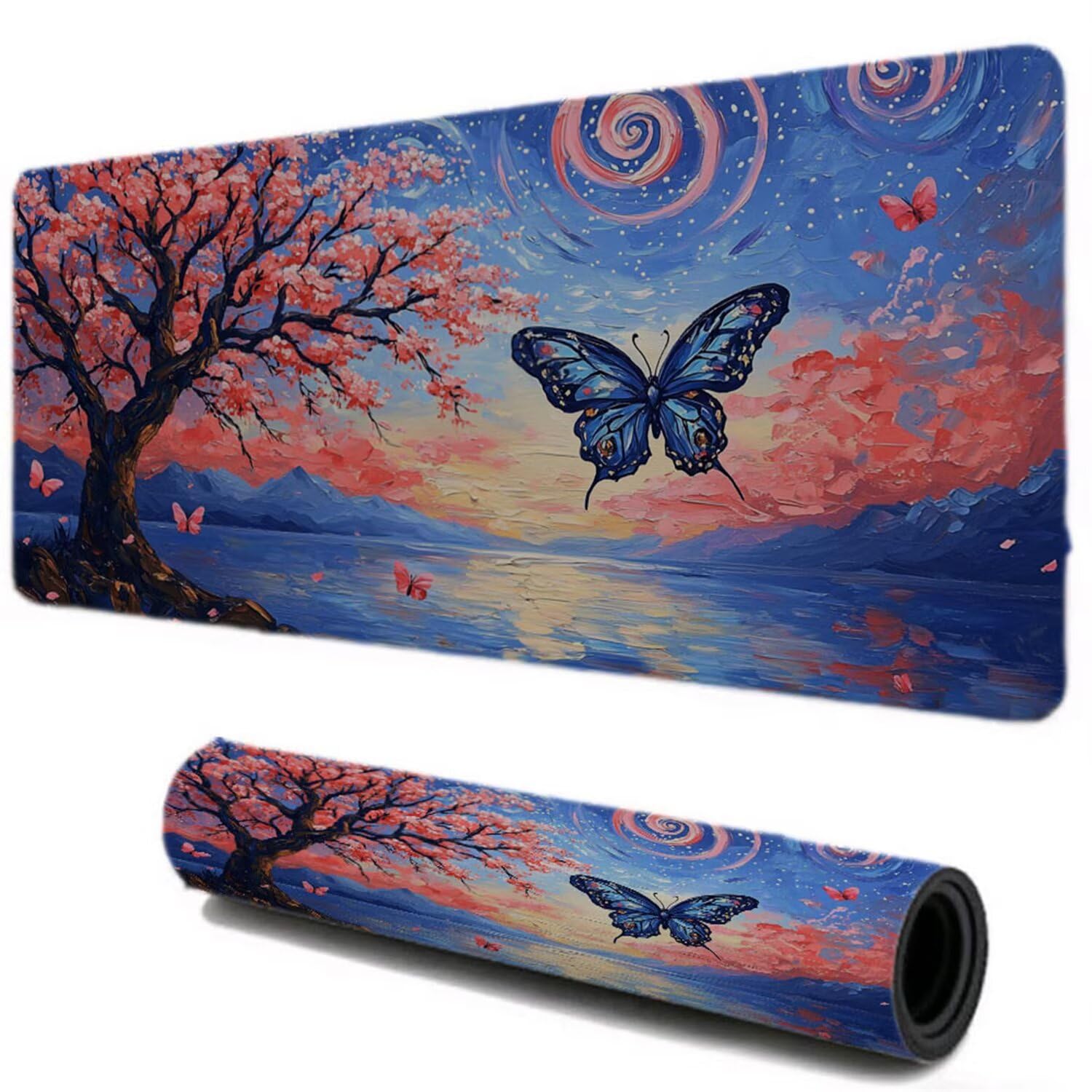 Podkładka pod mysz, podkładka na biurko do gier XXL 1400x600, kwiaty wiśni motyl podkładka pod mysz podkładka na biurko, przeszyte krawędzie antypoślizgowa gumowa podstawa, akcesoria do biura domowego