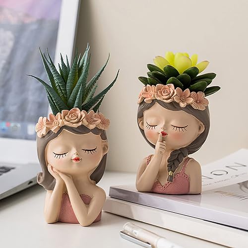 Miniatura 3 de Macetero pequeño con cabeza de hada, bonitas macetas para suculentas, maceta de cara de niña, mini macetas de resina con orificio de drenaje, jarrón
