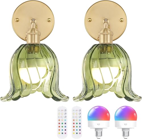 Miniatura 32 de Juego de 2 apliques de pared vintage con pantalla de vidrio a rayas ámbar, apliques de latón ajustables de 180 grados, con cable de iluminación,