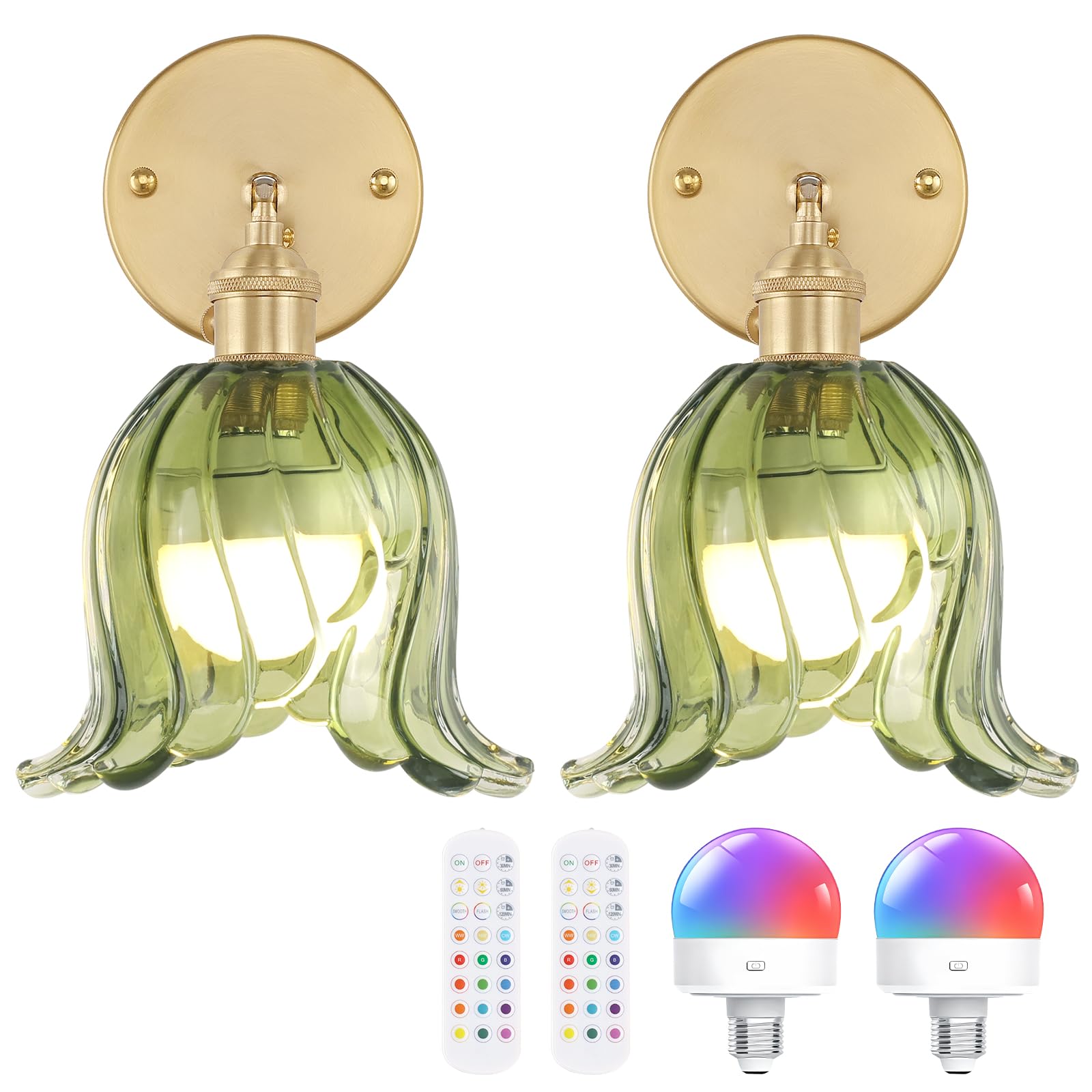 Shenmoyl Vintage Battery Operated Wall Sconces Set of Two, Rechargeable Battery Powered Wall Sconces with Remote Control, Wireless Dimmable LED Light for Bedside Bathroom Living Room (Green Lily)