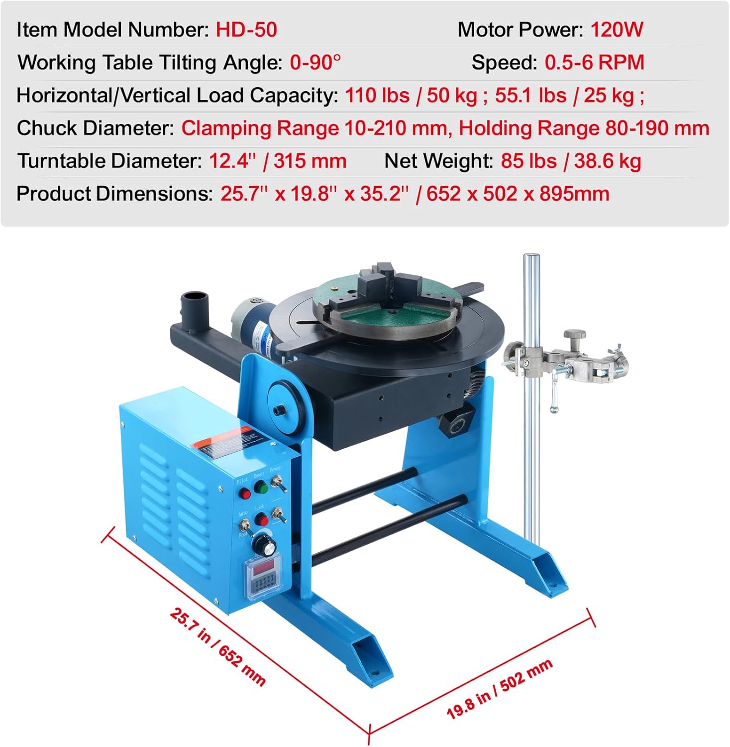 Happybuy Rotary Welding Positioner 50KG, 0-90° Welding Positioning Turntable Table 0.5-6RPM 120W, with 12.4 Inch 3-Jaw Lathe Chuck & Welding Torch Stand Holder for Cutting, Grinding, Assembly, Testing