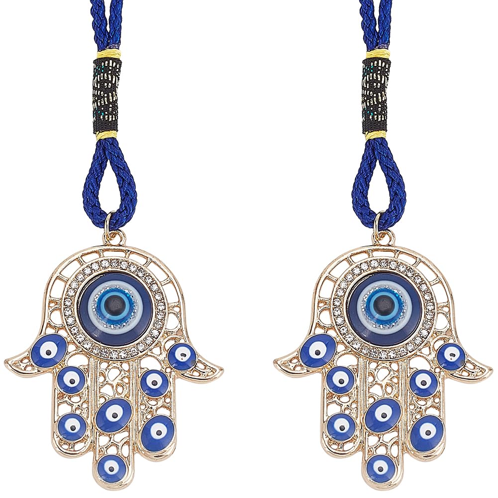 CRASPIRE 2pcs Hamsa Hand Car Pendant Hanging Hand of Miriam with Evil Eye Hanging Decorations Ornament Pendant Amulet Blue Protection Alloy Enamel Accessories Gift for Car Rear View Mirror Balcony