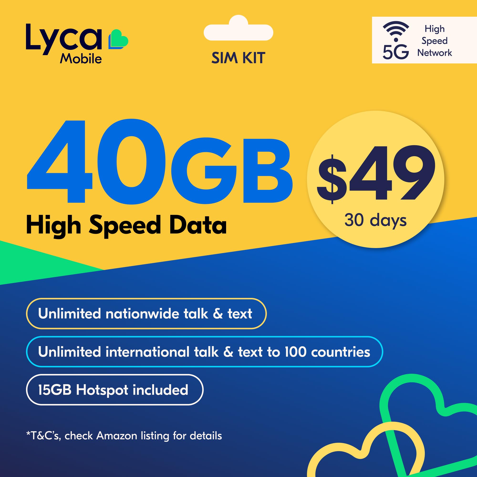 Lyca Mobile USA Prepaid 5G/4G SIM Card | $49 Plan | Unlimited Talk, Text &amp; Data | 40GB High Speed Data (15GB Hotspot) | 30 Days