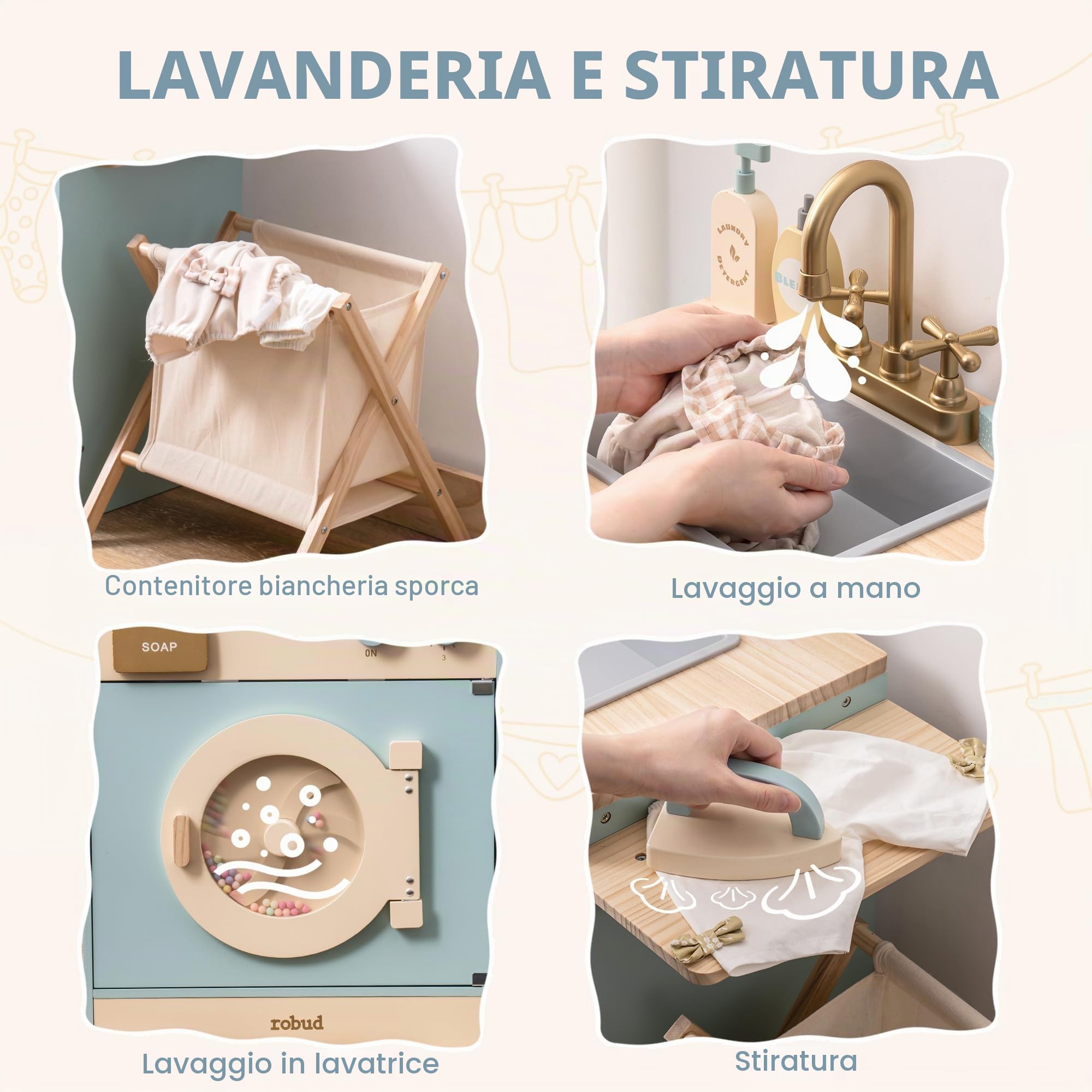 ROBUD Lavatrice per bambini in legno con cesto per la biancheria, asse da stiro, detersivo e altro ancora, adatta per bambini dai 3 anni