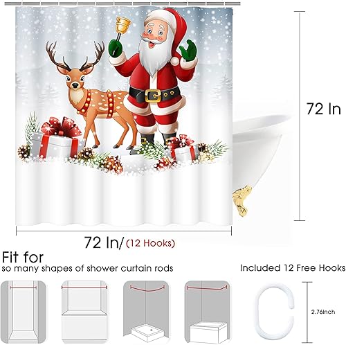 Miniatura 5 de Emvency Cortinas de ducha con campanas de reno de Papá Noel diseño de reno de dibujos animados juego de cortinas de ducha de tela impermeable con 12