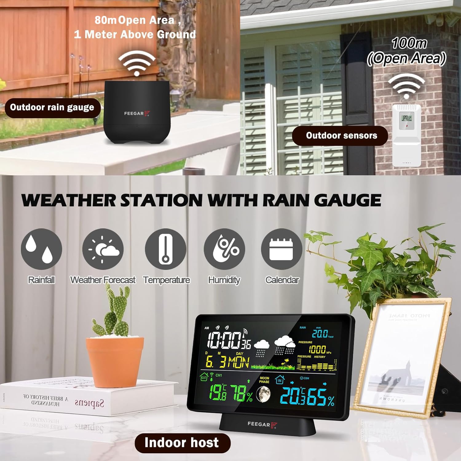 Wireless Weather Station with Digital Rain Gauge, Feegar Forecaster LCD 7,5" Indoor Outdoor Temperature Sensor, Hygrometer, Atomic Clock, Barometer, Digital DCF