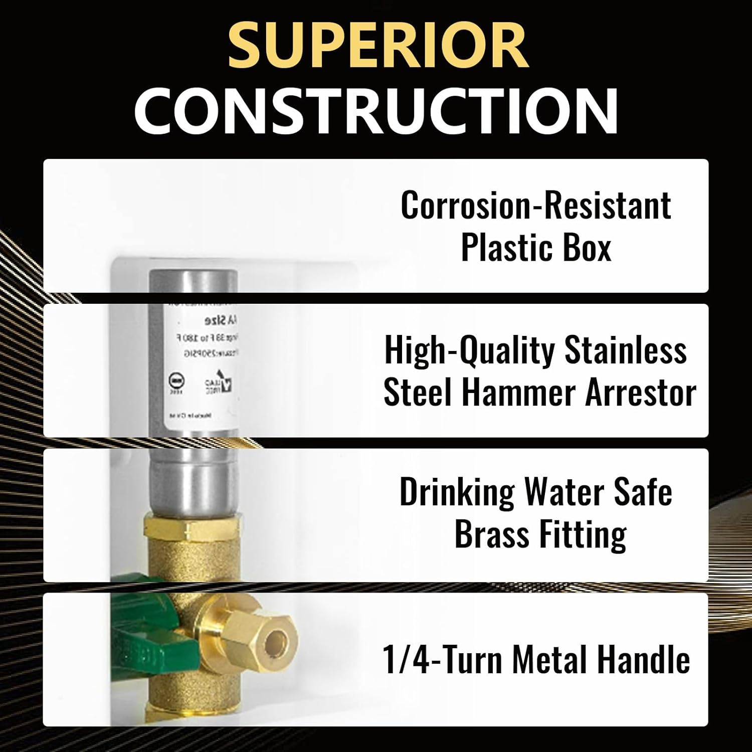 1 PCS Foskan 1/2" Push Fit Inlet Ice Maker Outlet Box (Pre-Assembled), 1/4" OD Compression Outlet, with Installed Green-Handled Quarter-Turn Ball Valve and Stainless Steel Hammer Arrestor