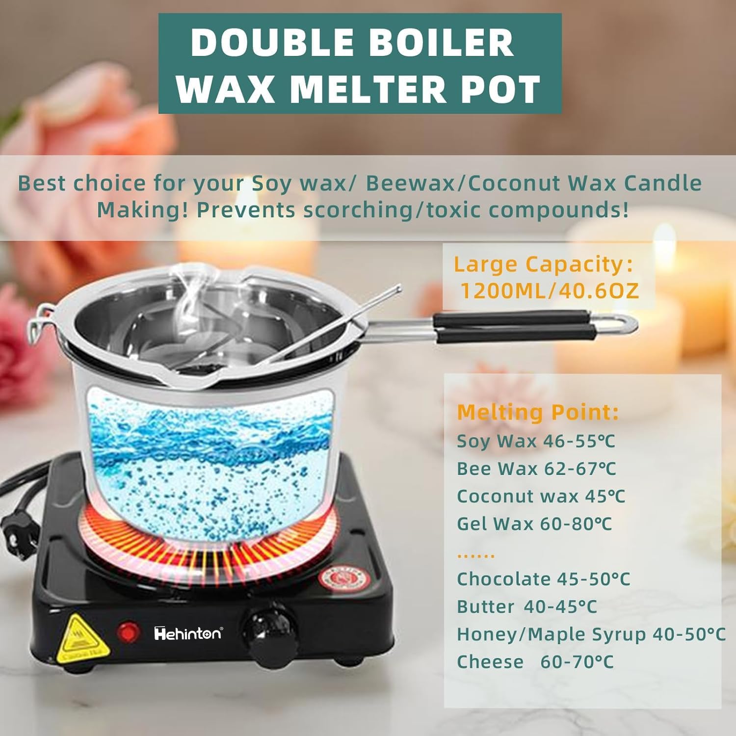 Hehinton Double Boiler Wax Melter 1200ML/40.6OZ, Candle Making Kit Supplies for Adults Beginners, DIY Kit with 1000W Electric Hot Plate, Wick Trimmer, Hot Air Gun, Thermometer, Wick Stickers