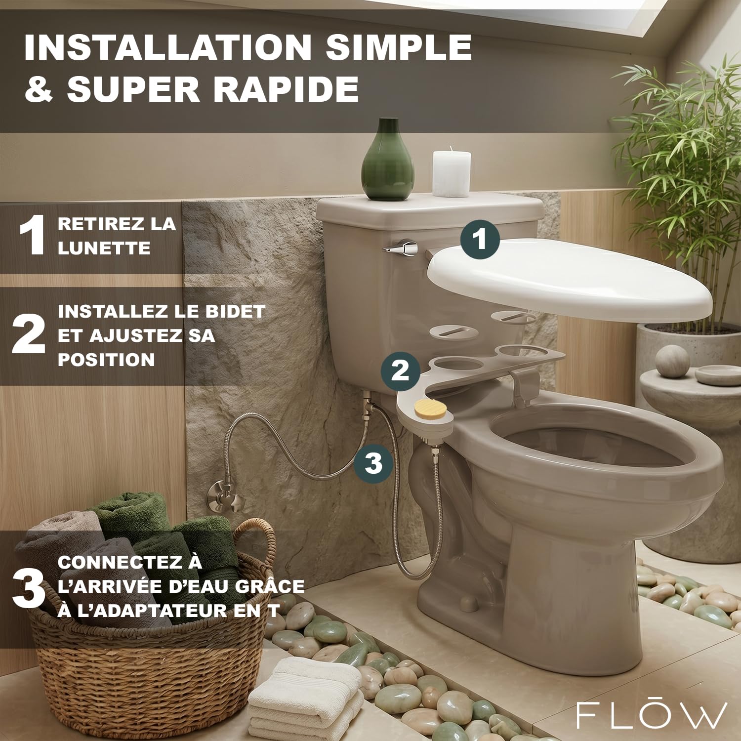 Flow® | Toilette Japonaise avec Douchette Intégrée | Bidet WC Double Buse avec Mode Féminin | Pression Réglable | Kit Complet sans Électricité | Installation Facile | OriginalCorner®