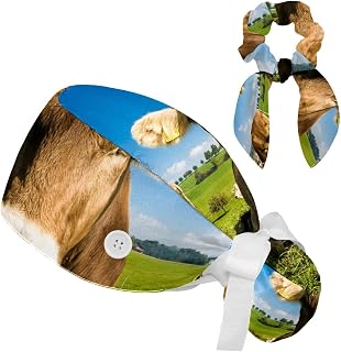 FVQL 2 Pieces Surgical Cap for Long Hair Scrub Cap with Hairband Nurse Cap, Cattle Animal Pattern