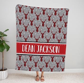 Custom Christmas Blanket, Red Buffalo Plaid Deer Throw Blanket, Custom Name Blanket, Winter Holiday Sherpa Fleece Blanket, Winter Blanket for Christmas Decoration Gift Blanket 50"x60"