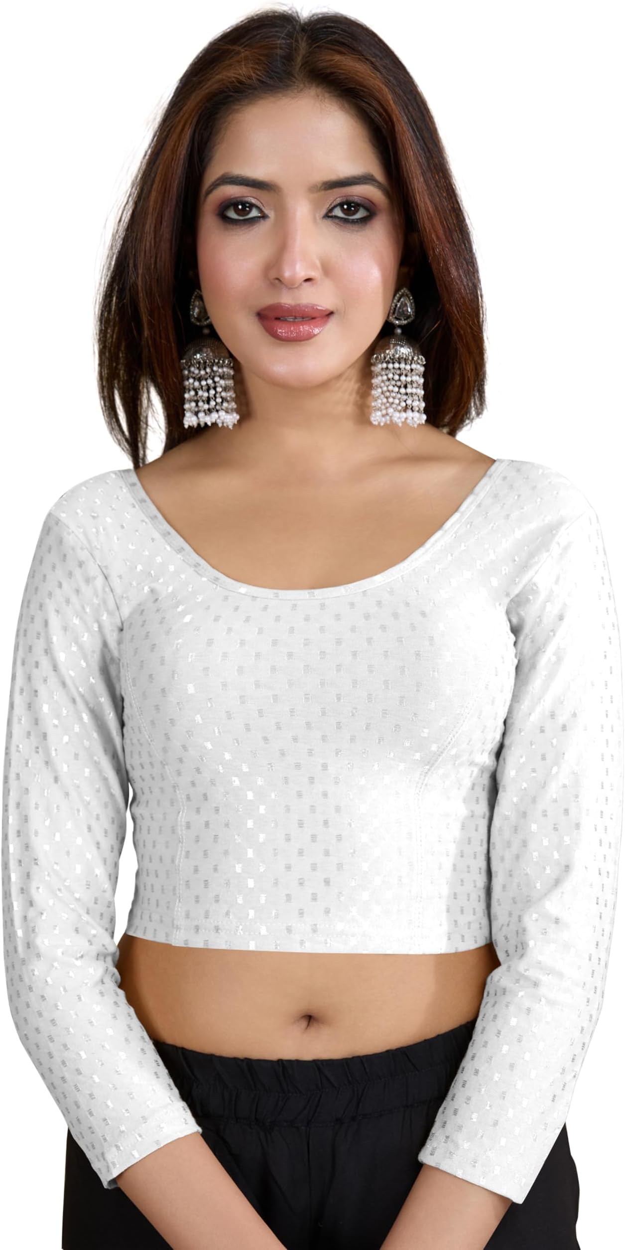 Women's Dobby Pure Cotton Elastin Stretchable Readymade Round Neck Full Length Sleeves Blouse Choli Stylish Saree Blouse Ready to Wear
