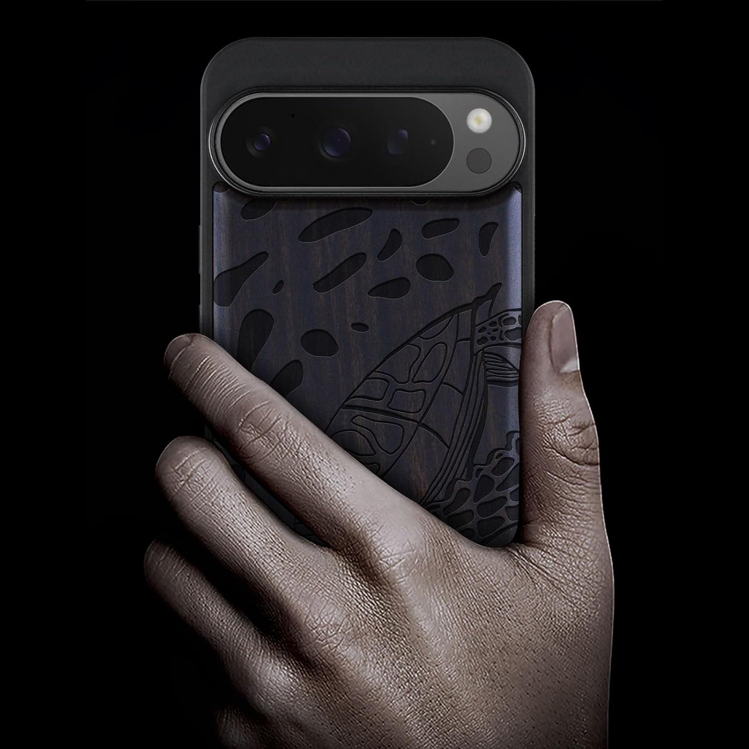 Carveit Magnetic Wooden Case for Google Pixel 9 Pro XL Case, Wood Artisan Engraved & Soft TPU Shockproof Cover, Compatible with MagSafe Wireless Chargers (Sea Turtle Swim) Blackwood