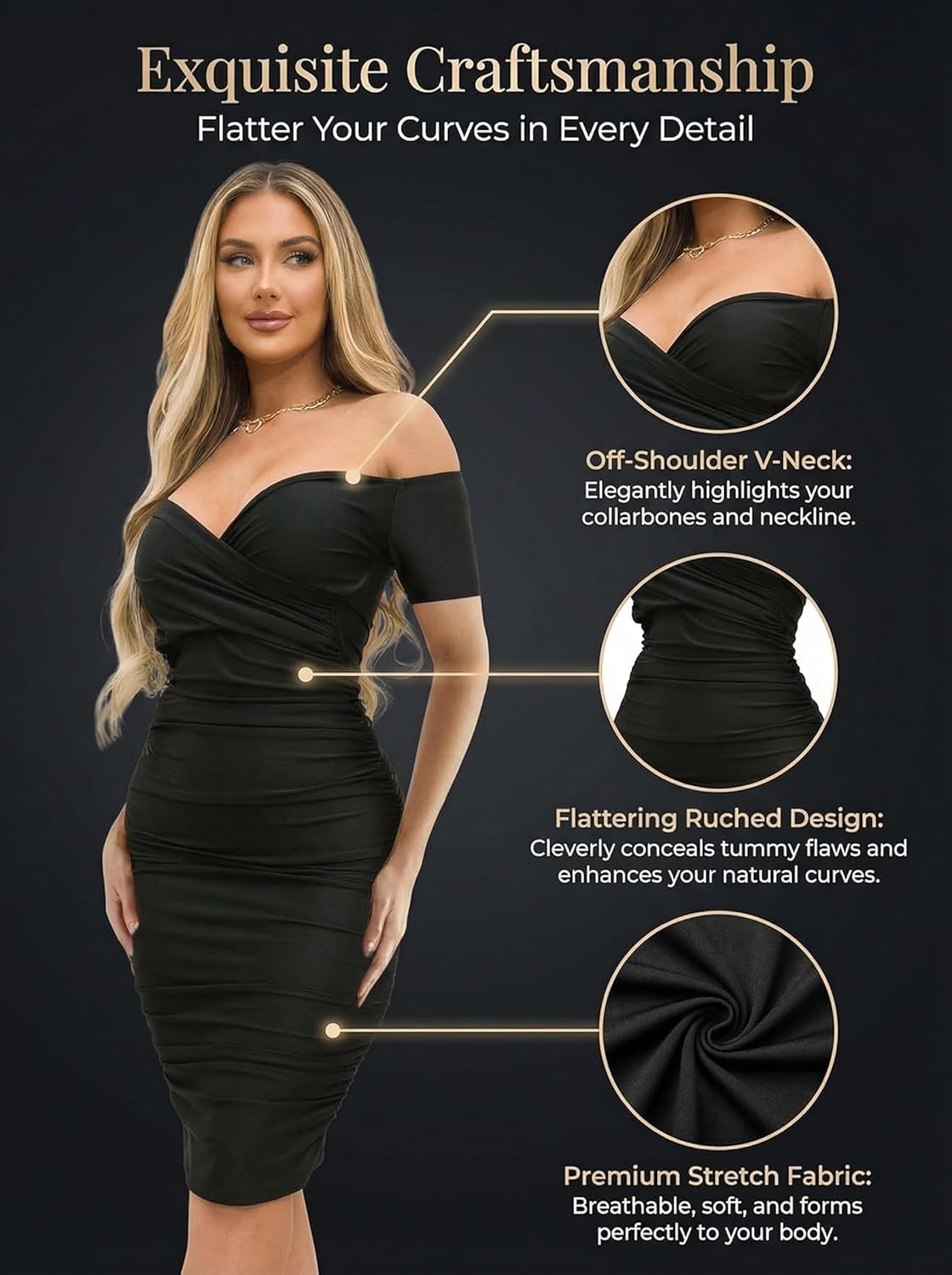Ekaliy Women's Sexy Off The Shoulder Midi Dress Ruched Bodycon Dresses
