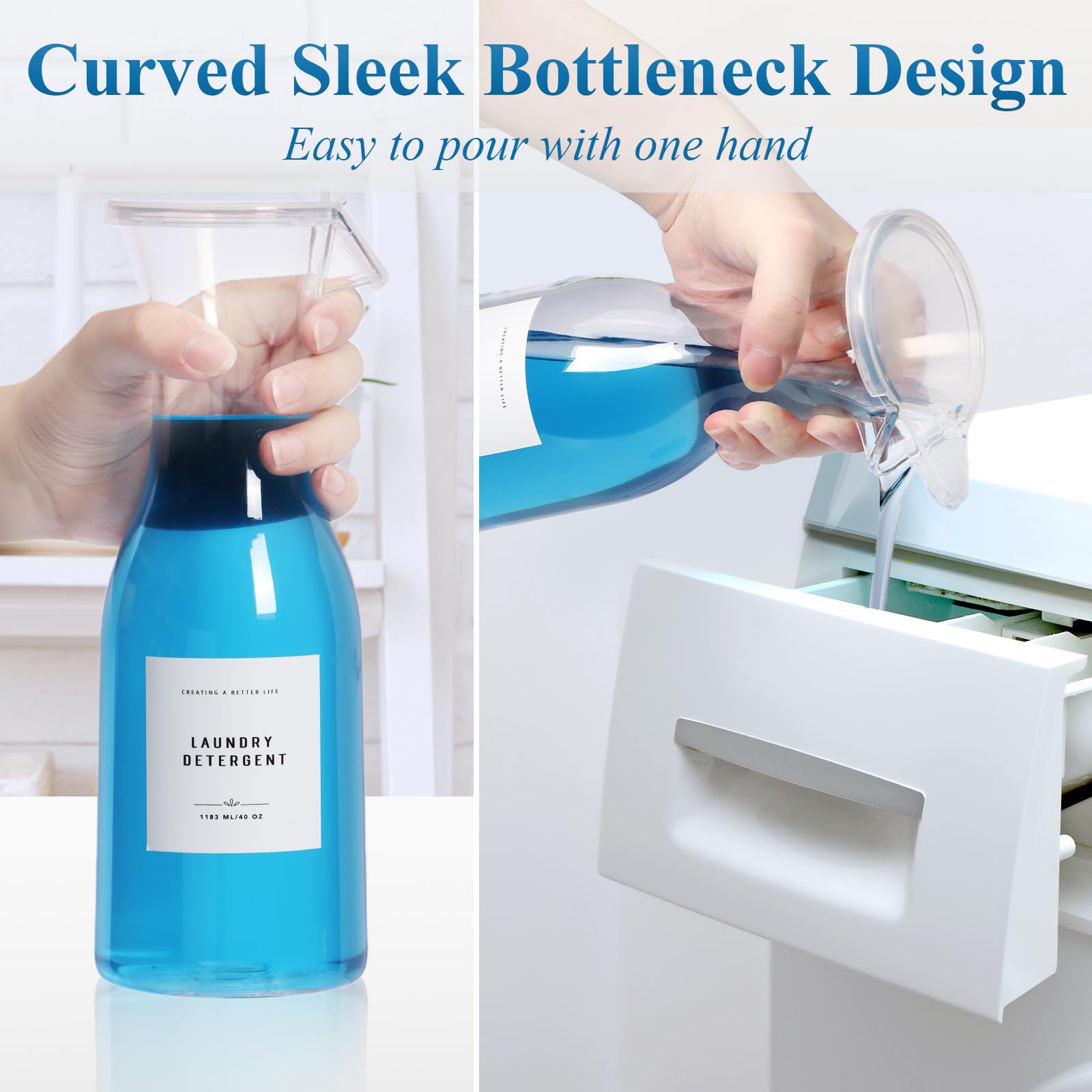Botella dispensadora de detergente para ropa de 40 onzas con etiqueta impermeable para detergente de lavandería, jabón, suavizante de tela, cuentas potenciadoras de aroma, botella de PET