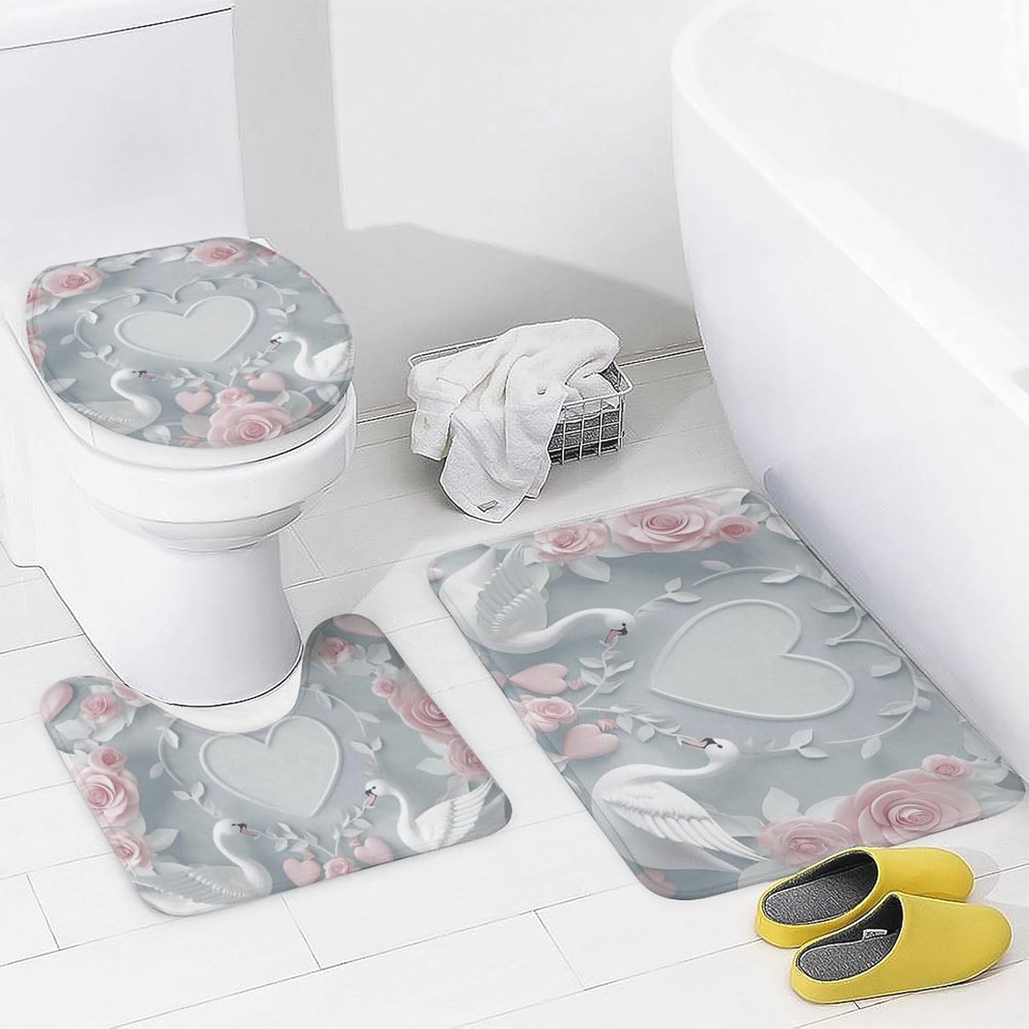 4Pcs Swan Love Shower Curtain Set with Rugs, Toilet Lid Cover and Bath Mat, Rustic Farm Animal Goose Romantic Rose Floral Bathroom Curtains Decor Shower Curtains, 72" x 72"
