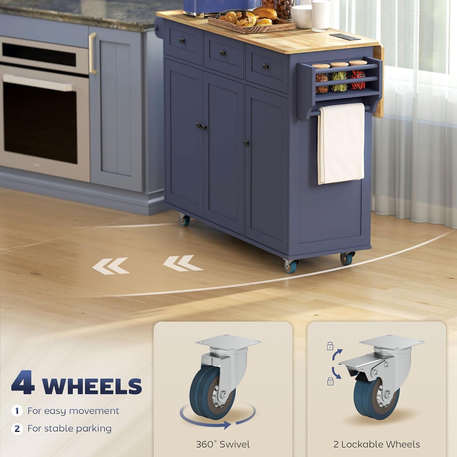 The kitchen island being easily moved across a wooden floor, with an inset showing the 360-degree swivel wheels and the lockable wheel mechanism.