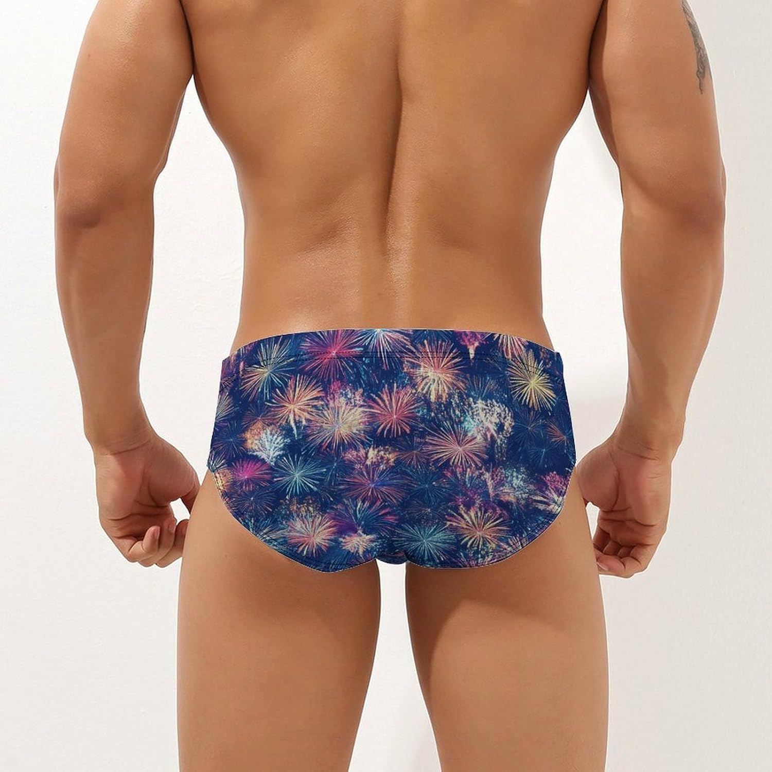 Vintage Fireworks Pattern Mens Swim Briefs Print Bikini Swimwear Sport Swimsuit Surf Shorts Trunks