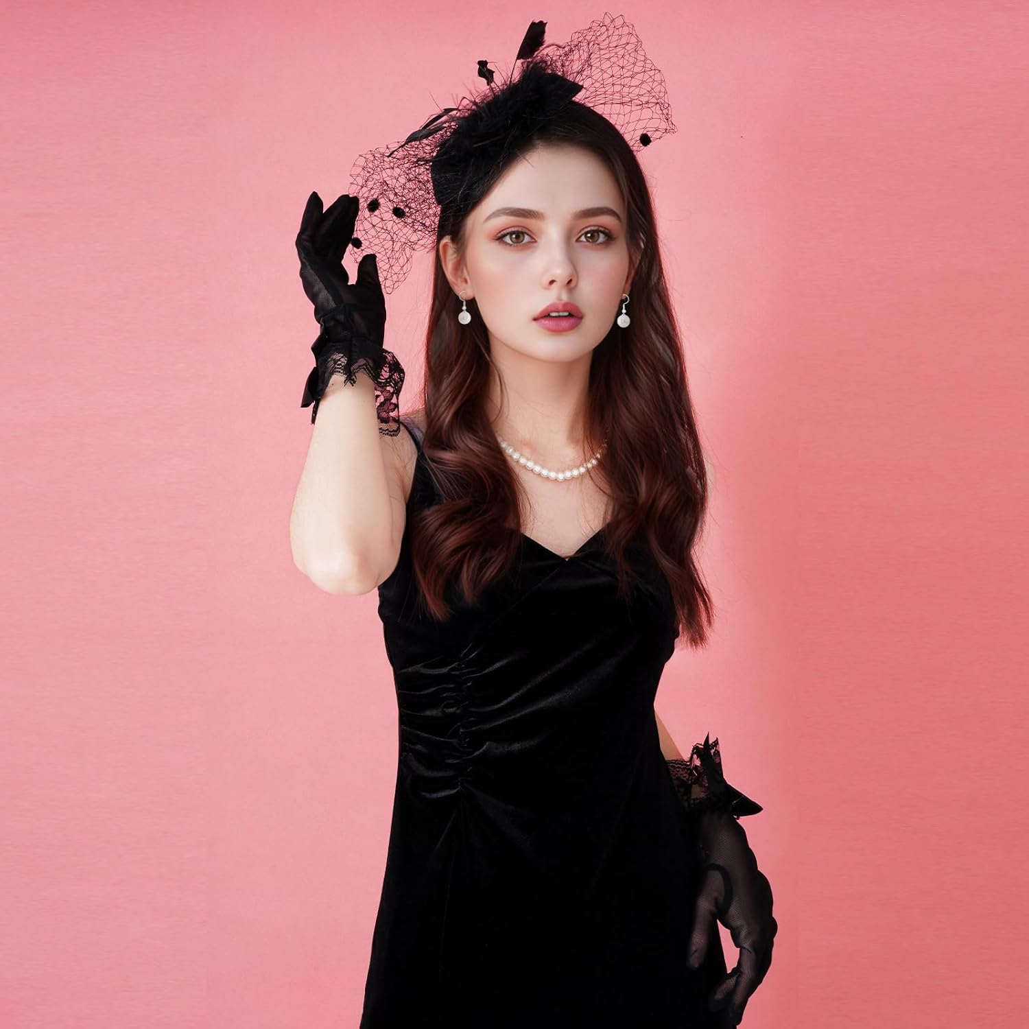 4 Pieces Fascinator Hat for Women Tea Party Include Mesh Hats Gloves Necklace Earring - Image 2