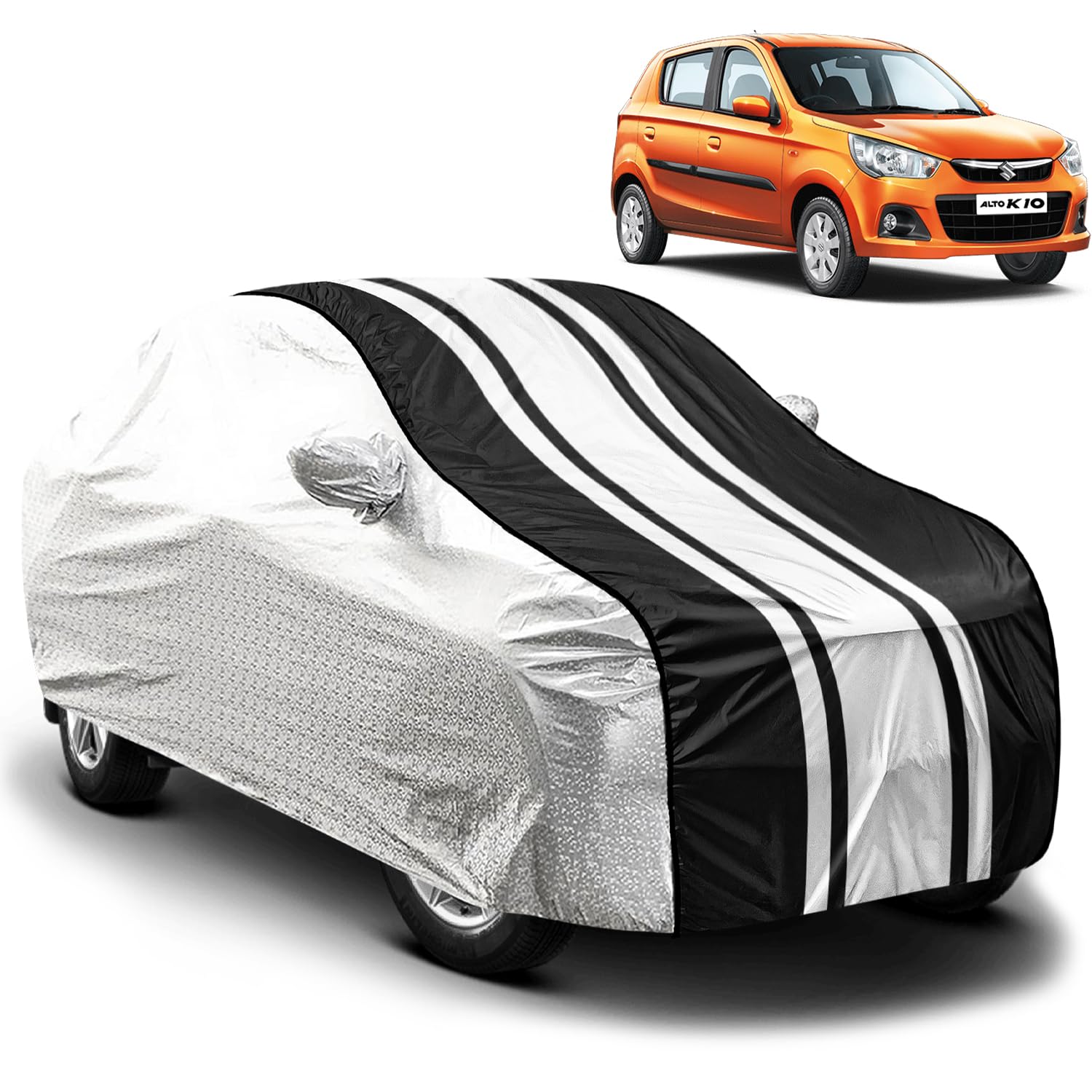 FABTEC Car Body Cover for Maruti Alto k10 Waterproof UV & Rain Protection Metallic Silver with Black Stripes Car Cover with Mirror Pocket Bottom Elastic Full Size Car Cover