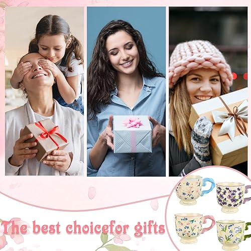 Miniatura 7 de Juego de 4 tazas de café, tazas de cerámica con flores vintage de 12 onzas, tazas estéticas de porcelana para té caliente, café, sopa, latte,
