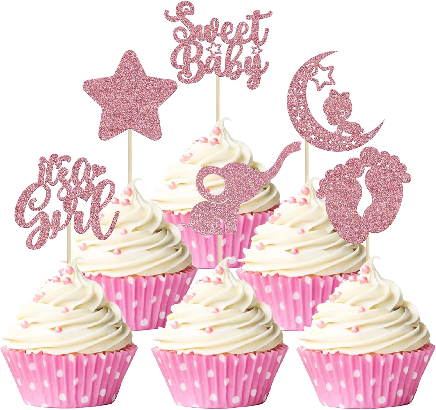 24PCS Baby Shower Cupcake Toppers, Baby Shower Decorations, Pink Sweets