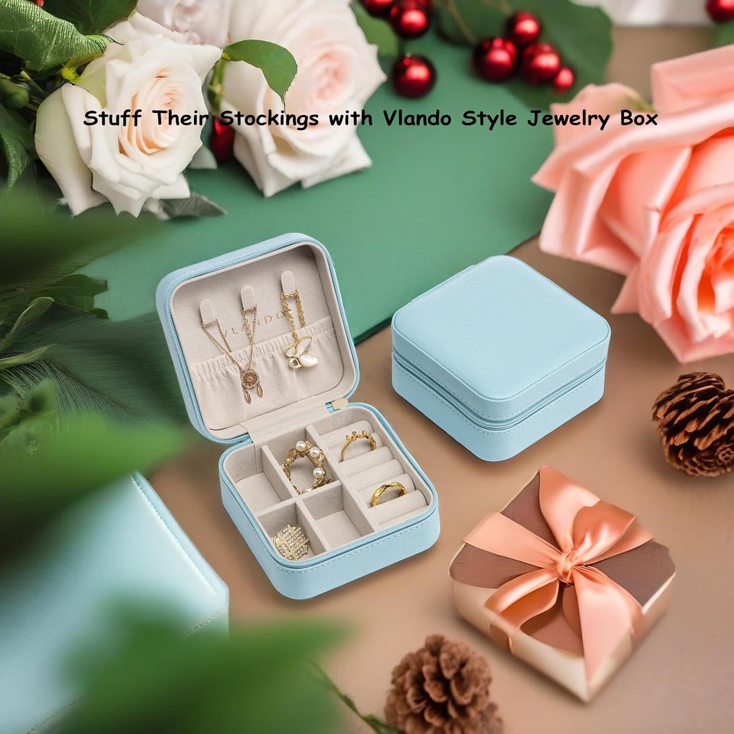 Vlando Small Travel Jewelry Box Organizer Display Case for Girls Women Gift Rings Earrings Necklaces Storage, Blue