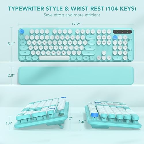 Miniatura 8 de Teclado inalámbrico, teclas redondas, teclado de máquina de escribir retro con reposamuñecas desmontable, modo de sueño, patas plegables, teclado