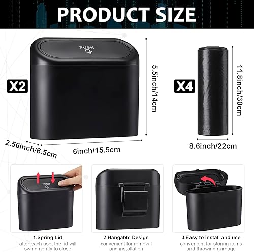 Miniatura 2 de 2 botes de basura para automóvil, cubo de basura con tapa y 60 bolsas de basura, a prueba de fugas, pequeño cubo de basura a prueba de fugas,