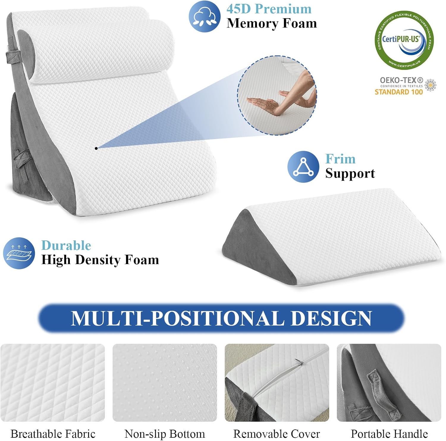 4PCS Orthopedic Bed Wedge Pillow Set, Post Surgery 45D Memory Foam for Back, Neck, and Leg Pain Relief Pleasing & Adjustable Support Pillows-Ease Acid Reflux & GRED with Better Sleep, White Dark Grey