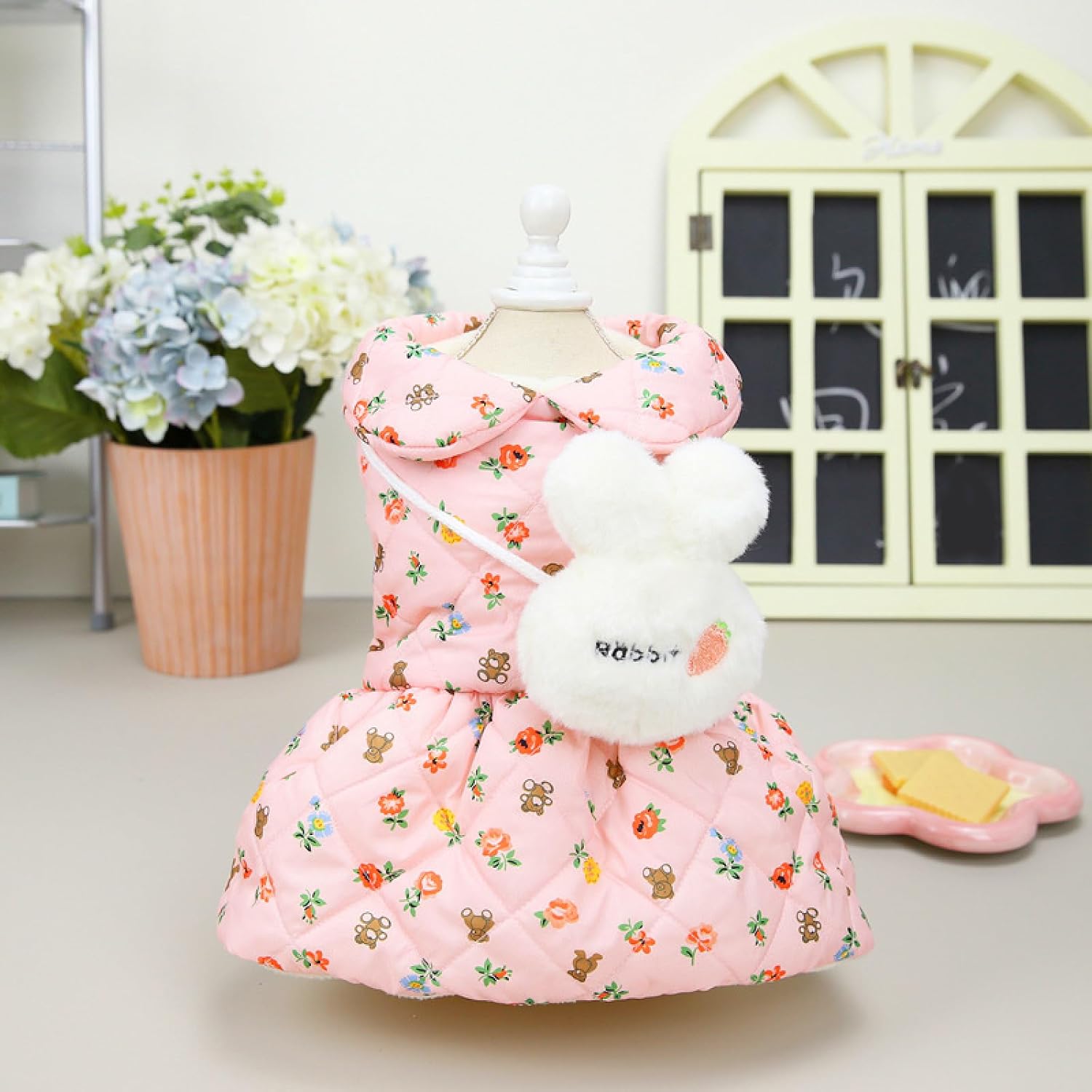 Extra Warm Dog Winter Coats Dress Cute Plush Rabbit Windproof Dogs Jacket Winter Coats for Small Dogs (Pink,S (1-3.3lbs))
