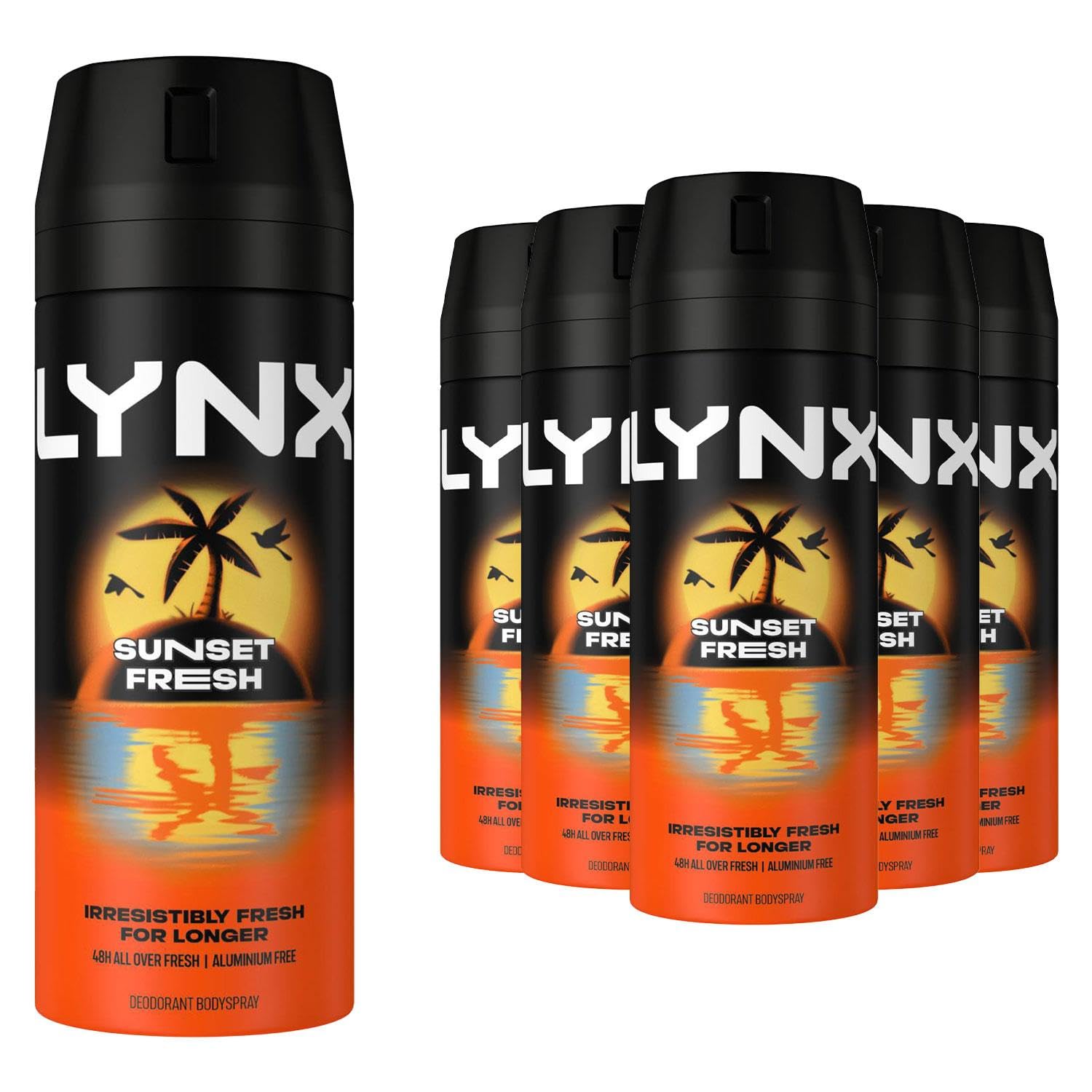 Lynx Sunset Fresh Aerosol Body Spray Men's Deodorant Spray with a mango & mandarin scent for long-lasting fragrance + 48-hour all-over freshness 6x 150 ml