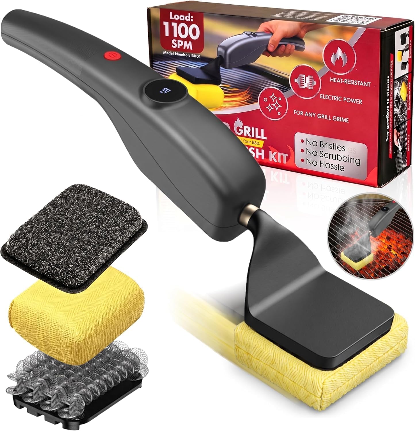 Electric Grill Brush, Bristle-Free Cordless BBQ Cleaner with 3 Heads